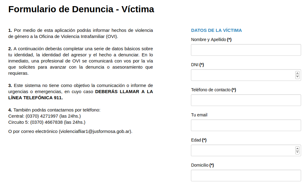 Vista del Formulario de denuncias por violencia de género